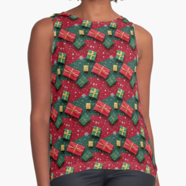 Christmas Theme Presents on Red and Green Pattern Sleeveless Top