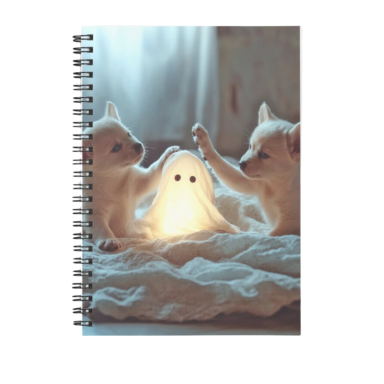 Cute Puppies Playing with a Glowing Ghost Spiral Notebook