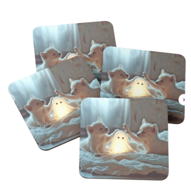 Cute Puppies Playing with a Glowing Ghost Coasters (Set of 4)