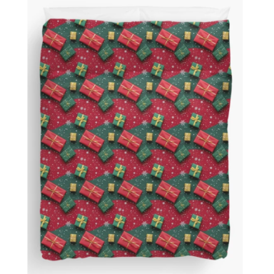 Christmas Theme Presents on Red and Green Pattern Duvet Cover