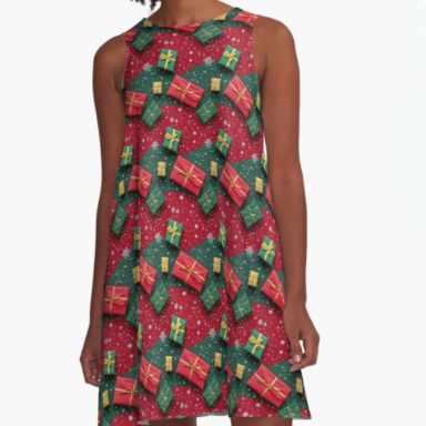 Christmas Theme Presents on Red and Green Pattern A-Line Dress