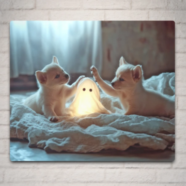 Cute Puppies Playing with a Glowing Ghost Metal Print