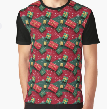 Christmas Theme Presents on Red and Green Pattern Graphic T-Shirt