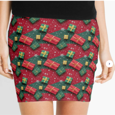 Christmas Theme Presents on Red and Green Pattern Mini Skirt