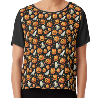 Jack-o-Lanterns and Ghosts with Halloween Candy Pattern Chiffon Top