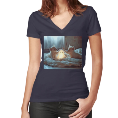 Cute Puppies Playing with a Glowing Ghost Fitted V-Neck T-Shirt