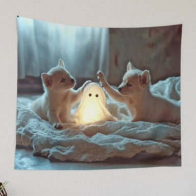 Cute Puppies Playing with a Glowing Ghost Tapestry