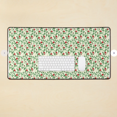 Red Climbing Roses on Cream Pattern Desk Mat