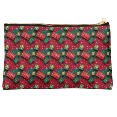 Christmas Theme Presents on Red and Green Pattern Zipper Pouch