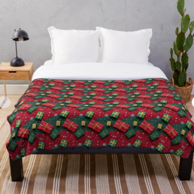 Christmas Theme Presents on Red and Green Pattern Throw Blanket