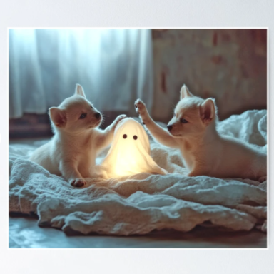 Cute Puppies Playing with a Glowing Ghost Poster