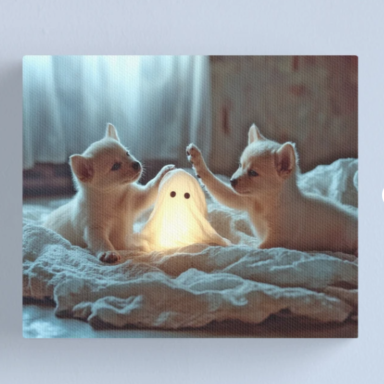 Cute Puppies Playing with a Glowing Ghost Canvas Print