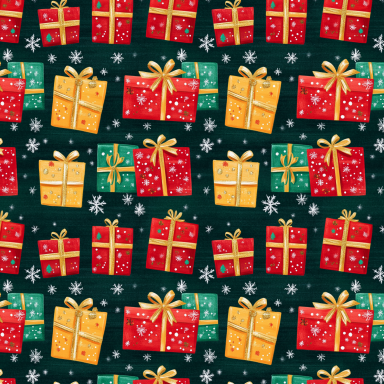 Christmas Presents on Green with Snowflakes Pattern