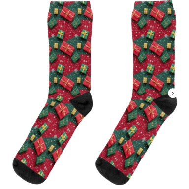 Christmas Theme Presents on Red and Green Pattern Socks