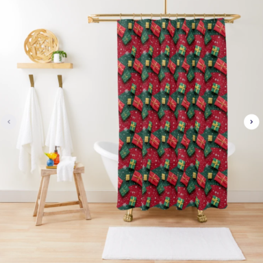 Christmas Theme Presents on Red and Green Pattern Shower Curtain