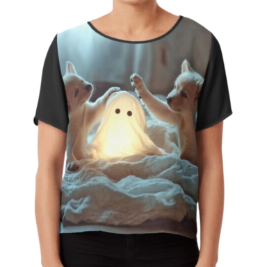 Cute Puppies Playing with a Glowing Ghost Chiffon Top