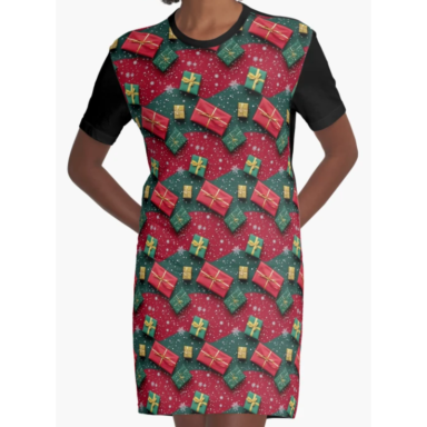 Christmas Theme Presents on Red and Green Pattern Graphic T-Shirt Dress