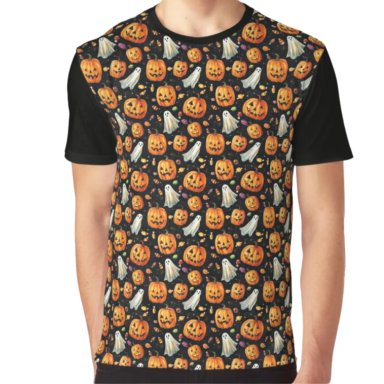 Jack-o-Lanterns and Ghosts with Halloween Candy Pattern Graphic T-Shirt