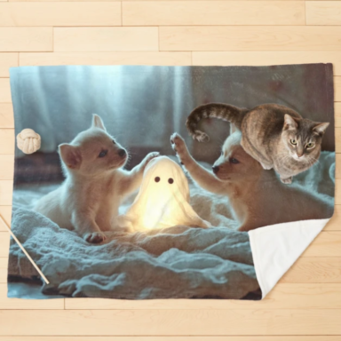 Cute Puppies Playing with a Glowing Ghost Pet Blanket