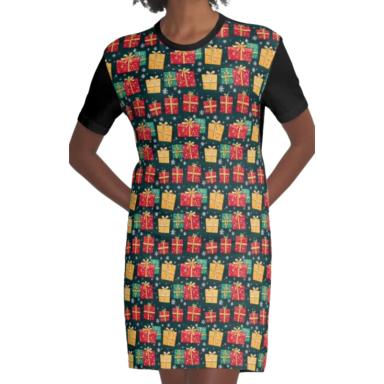 Christmas Presents on Green with Snowflakes Pattern Graphic T-Shirt Dress