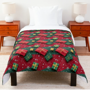 Christmas Theme Presents on Red and Green Pattern Comforter