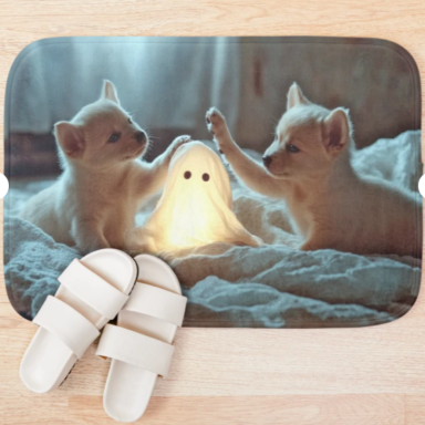 Cute Puppies Playing with a Glowing Ghost Bath Mat