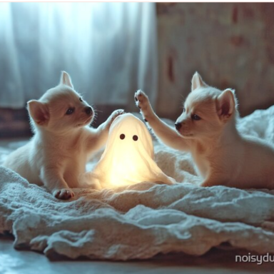 Cute Puppies Playing with a Glowing Ghost