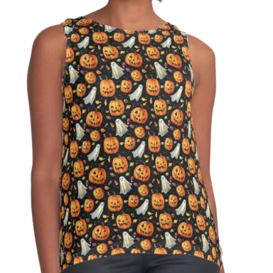 Jack-o-Lanterns and Ghosts with Halloween Candy Pattern Sleeveless Top