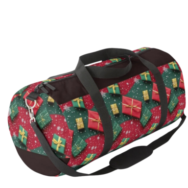 Christmas Theme Presents on Red and Green Pattern Duffle Bag