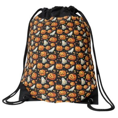 Jack-o-Lanterns and Ghosts with Halloween Candy Pattern Drawstring Bag