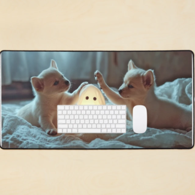 Cute Puppies Playing with a Glowing Ghost Desk Mat