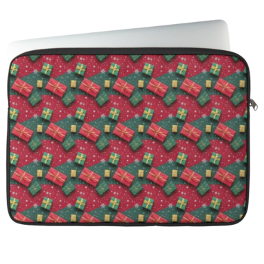 Christmas Theme Presents on Red and Green Pattern Laptop Sleeve