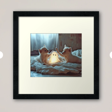 Cute Puppies Playing with a Glowing Ghost Framed Art Print