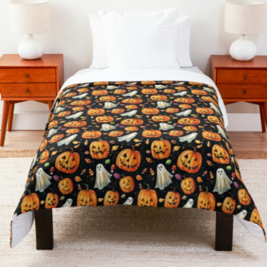 Jack-o-Lanterns and Ghosts with Halloween Candy Pattern Comforter