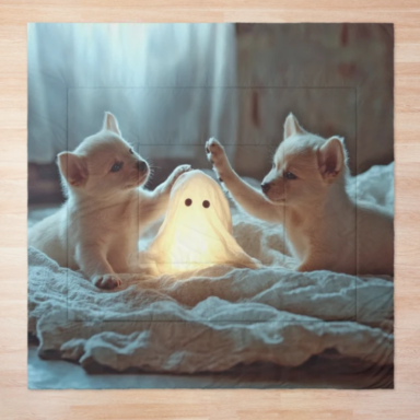 Cute Puppies Playing with a Glowing Ghost Comforter