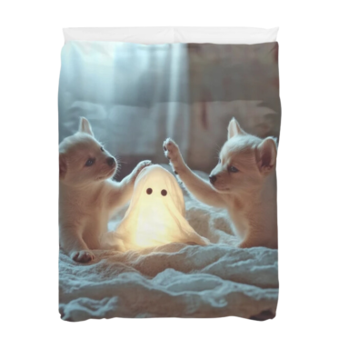 Cute Puppies Playing with a Glowing Ghost Duvet Cover