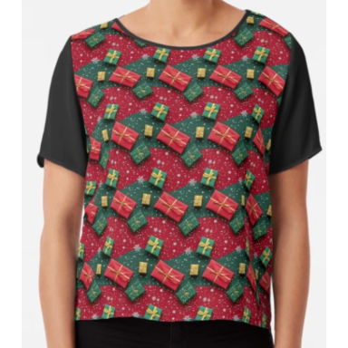 Christmas Theme Presents on Red and Green Pattern Chiffon Top