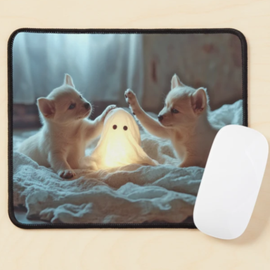 Cute Puppies Playing with a Glowing Ghost Mouse Pad