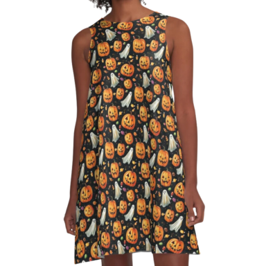 Jack-o-Lanterns and Ghosts with Halloween Candy Pattern A-Line Dress