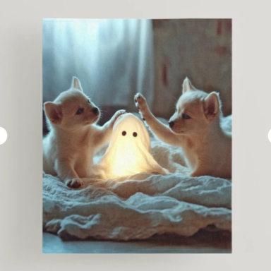 Cute Puppies Playing with a Glowing Ghost Mounted Print