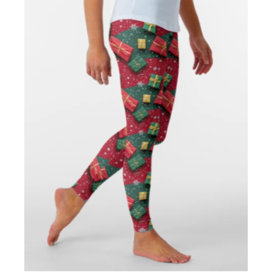 Christmas Theme Presents on Red and Green Pattern Leggings