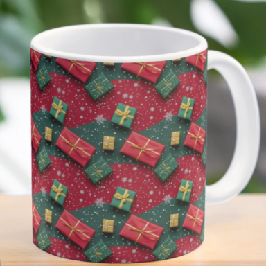 Christmas Theme Presents on Red and Green Pattern Classic Coffee Mug