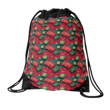 Christmas Theme Presents on Red and Green Pattern Drawstring Bag