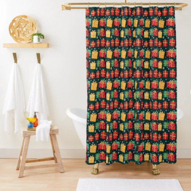 Christmas Presents on Green with Snowflakes Pattern Shower Curtain