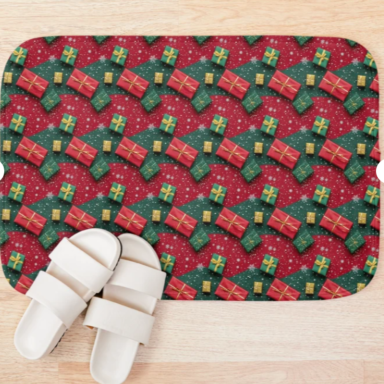 Christmas Theme Presents on Red and Green Pattern Bath Mat