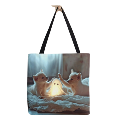 Cute Puppies Playing with a Glowing Ghost Tote Bag