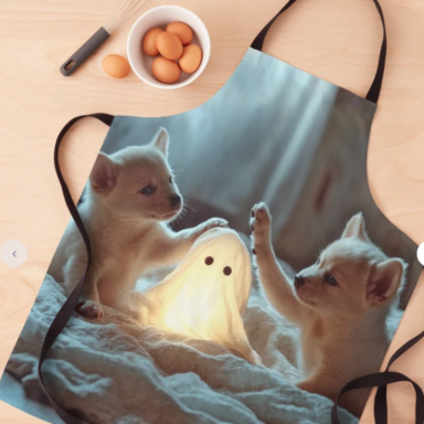 Cute Puppies Playing with a Glowing Ghost Apron