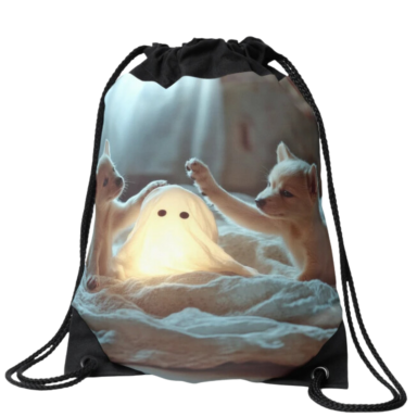 Cute Puppies Playing with a Glowing Ghost Drawstring Bag