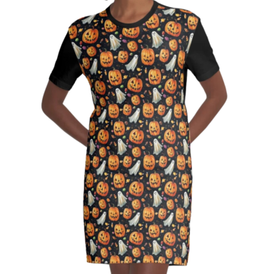 Jack-o-Lanterns and Ghosts with Halloween Candy Pattern Graphic T-Shirt Dress